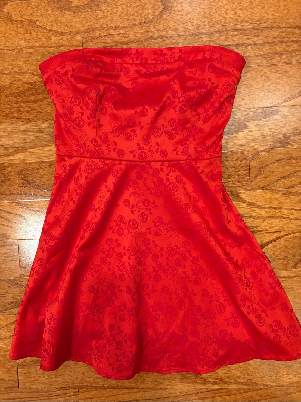 Altar'd State Strapless Red Floral Jacquard Fit-and-Flare Dress